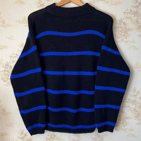 80s Black and Blue Striped Fair Isle Nordic Crewneck Sweater Size M - Picture 5 of 8
